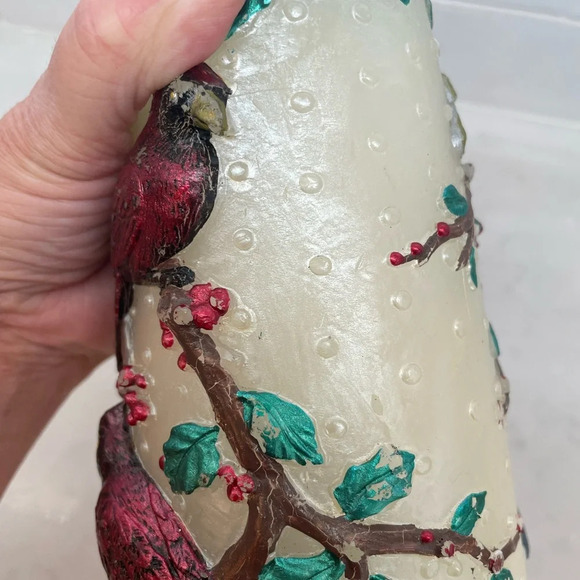 Vintage Christmas Pillar Candle with 3D Birds, Winter Tree & Berry Design - Picture 4 of 9